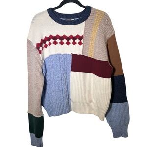 AlexaChung Blue Beige Wool Patchwork Crew Neck Sweater XL